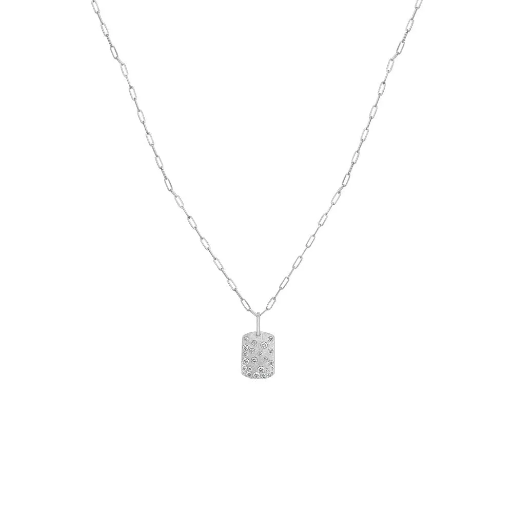 14 Karat White Gold Confetti Dog Tag Pendant with Diamonds