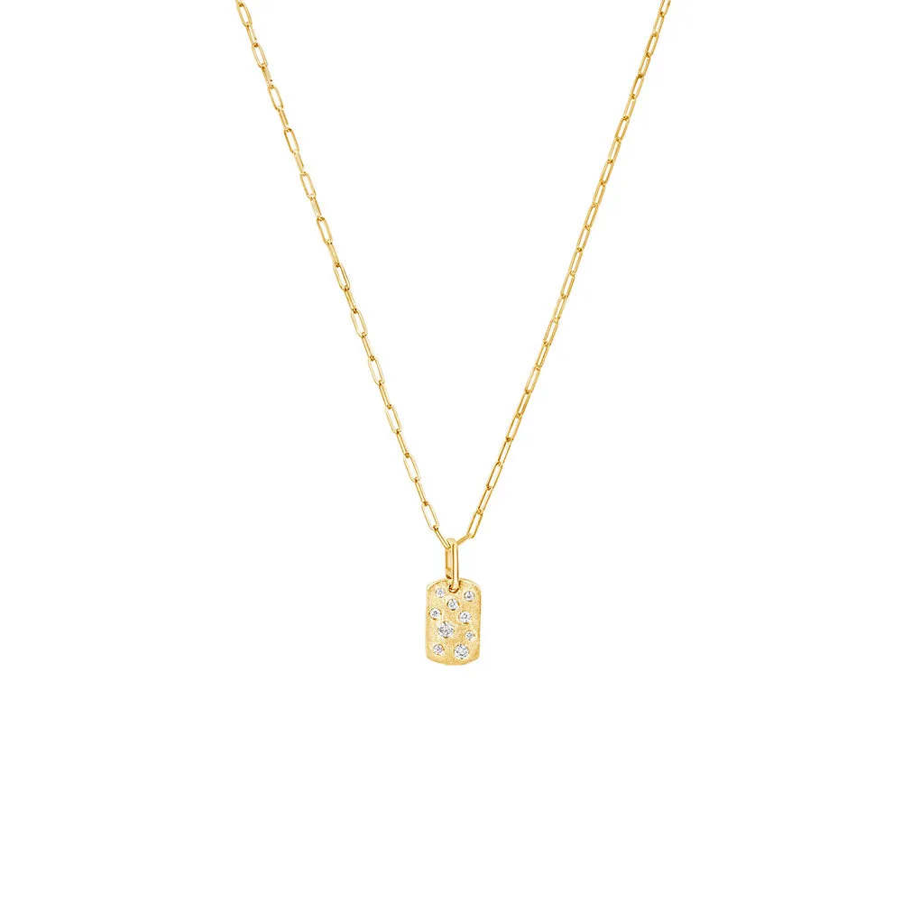 14 Karat Yellow Gold Small Diamond Dog Tag Necklace