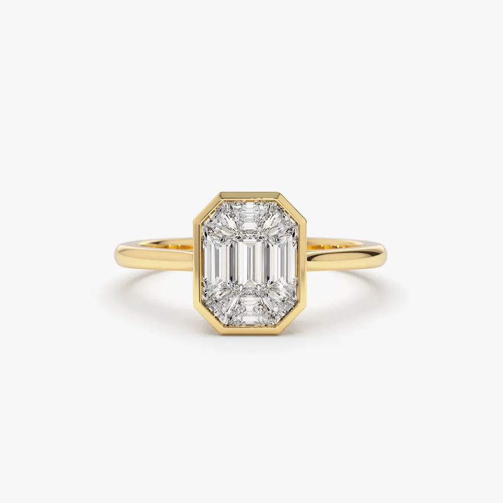 14k Emerald Cut Illusion Mosaic Solitaire Engagement Ring