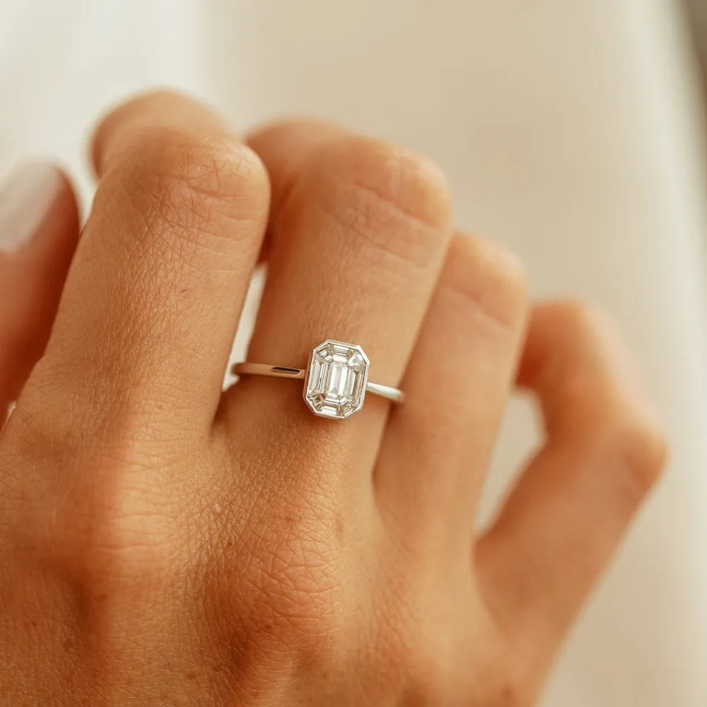 14k Emerald Cut Illusion Mosaic Solitaire Engagement Ring