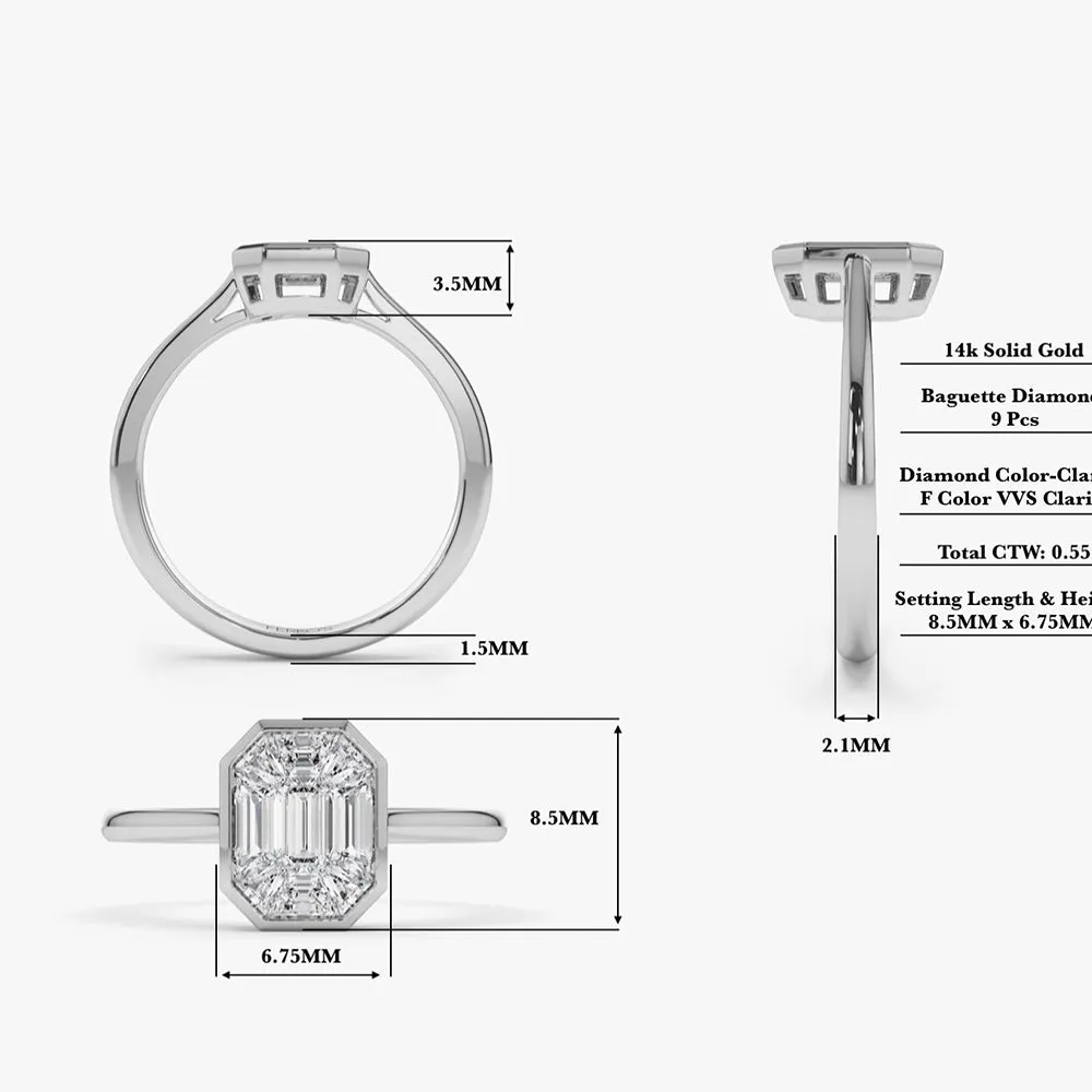 14k Emerald Cut Illusion Mosaic Solitaire Engagement Ring