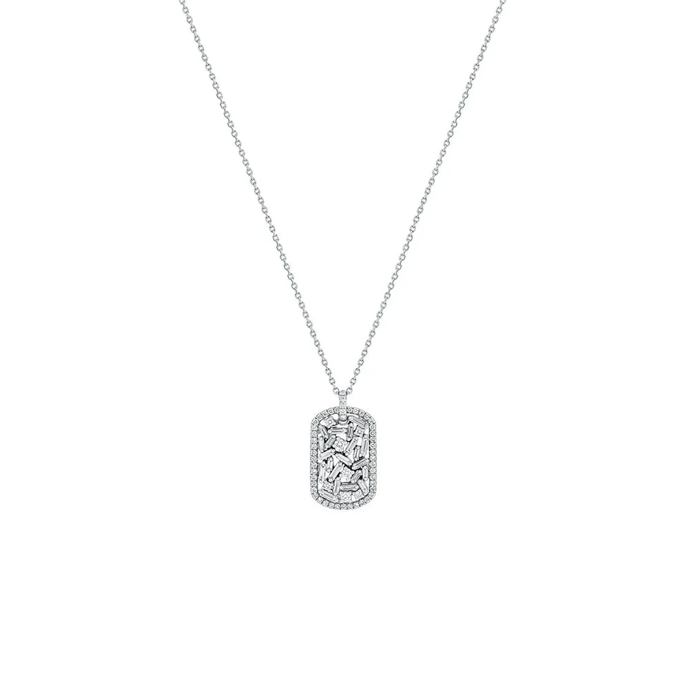 18 Karat White Gold mini Dog Tag necklace with Baguette and Round diamonds