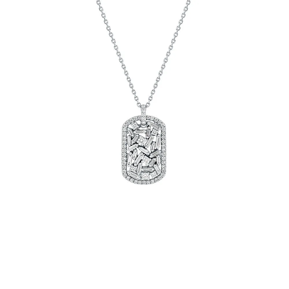 18 Karat White Gold mini Dog Tag necklace with Baguette and Round diamonds