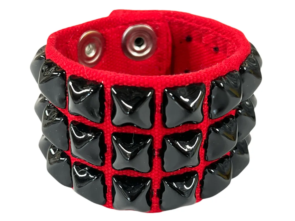 3 Row Black Studded Canvas Cuff in Red by Funk Plus