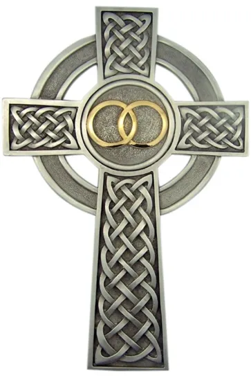 8" Knotted Celtic Wedding/Anniversary Cross - Pewter Finish Gold Rings