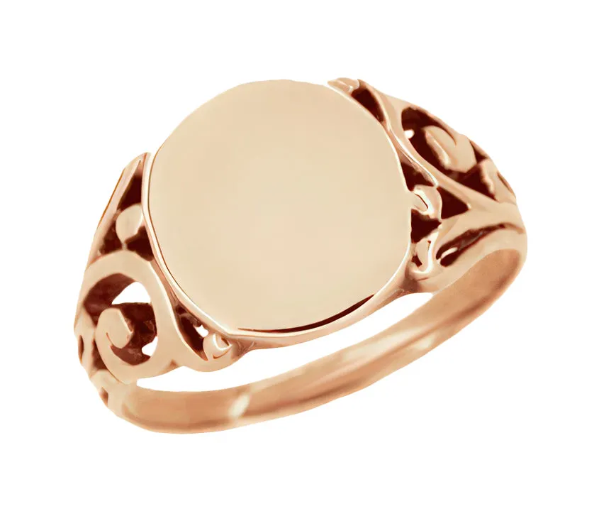 Antique Style Men's Victorian Filigree Signet Ring in 14 Karat Rose ( Pink ) Gold