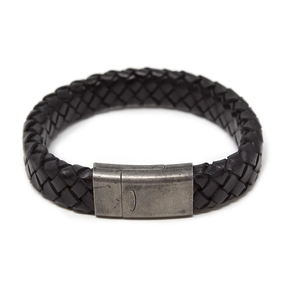 Bk Braided Leather Bracelet W Antique Silver Clasp