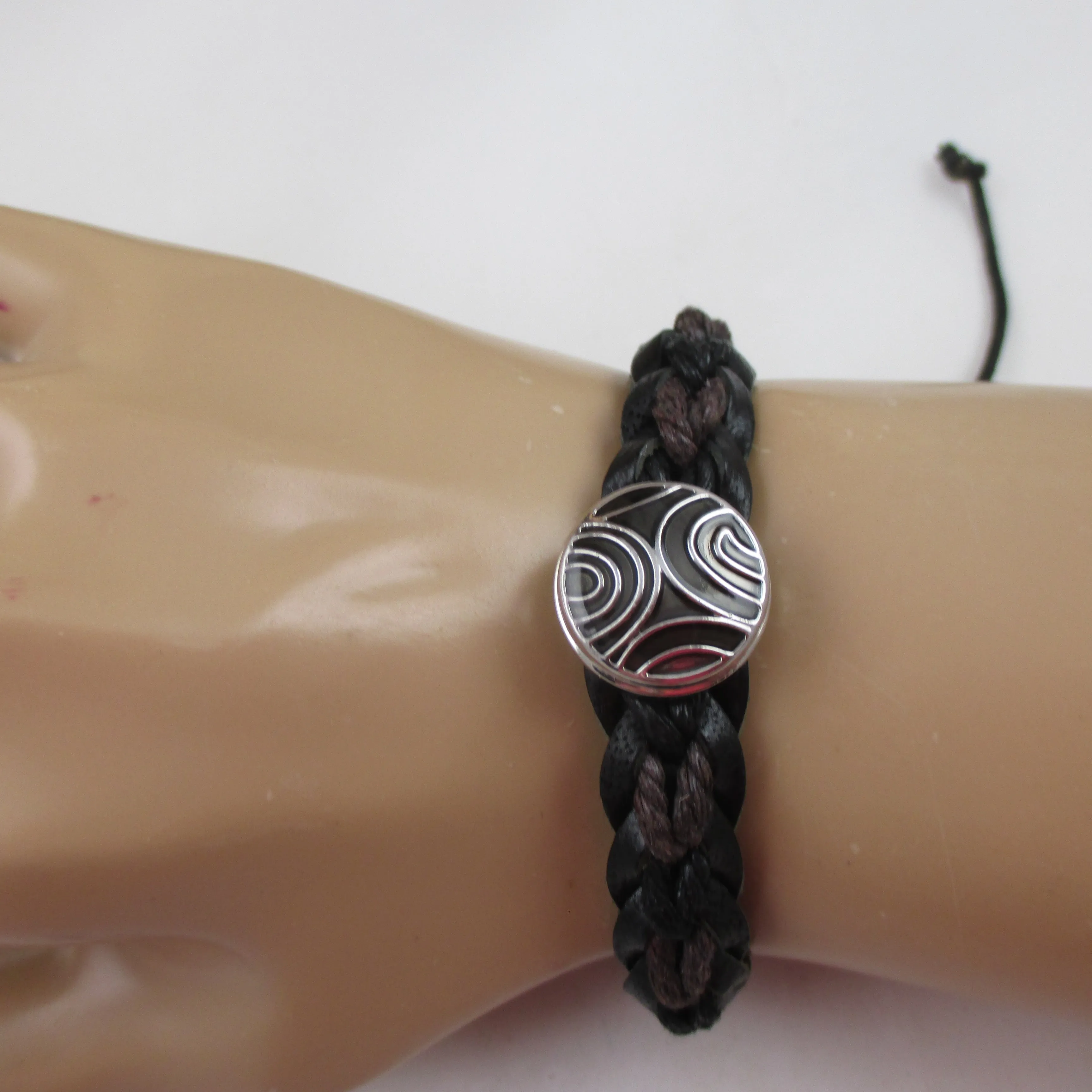 Black Leather & Brown Paracord Braided Cuff  Bracelet