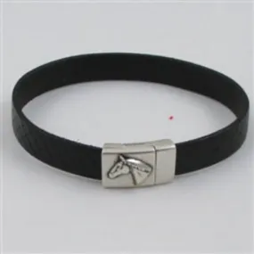 Black Leather Bracelet with Horse Head Clasp for a Man