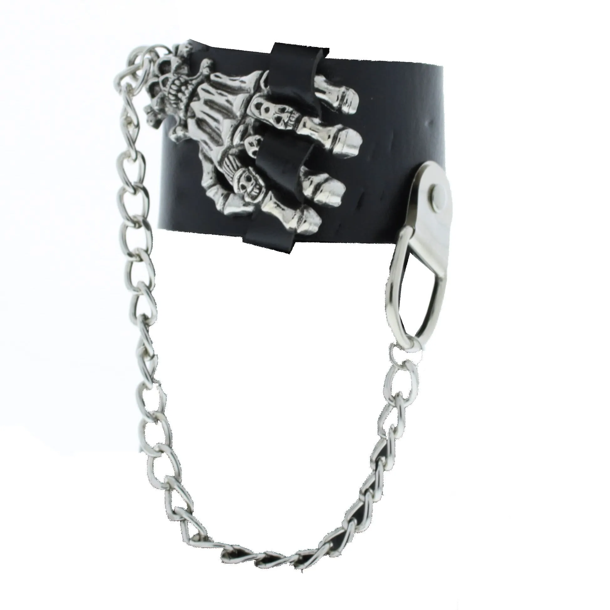 Black PU Bracelet with Large Skeleton Hand & Chains