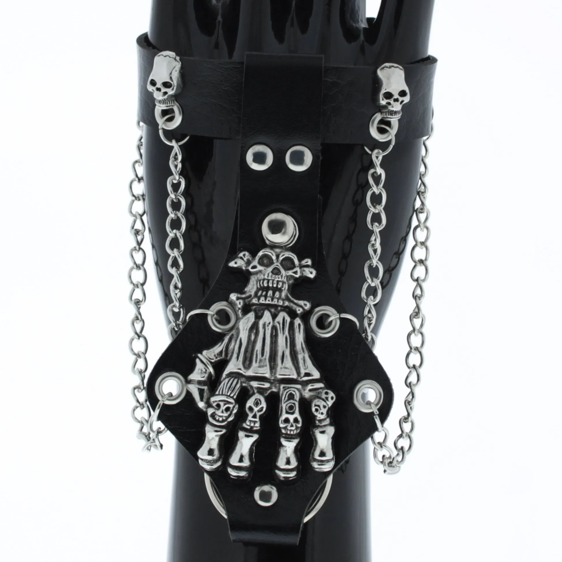 Black PU Bracelet with Skull Studs, Chains, Large Skeleton Hand & Ring