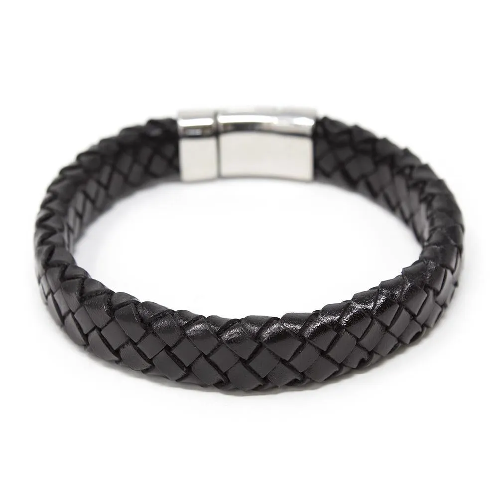 Braided Leather Bracelet with Anchor Clasp Black Large