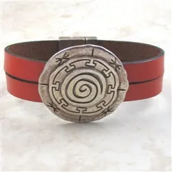 Burnt Orange Leather Bracelet with Silver Mandala Focus