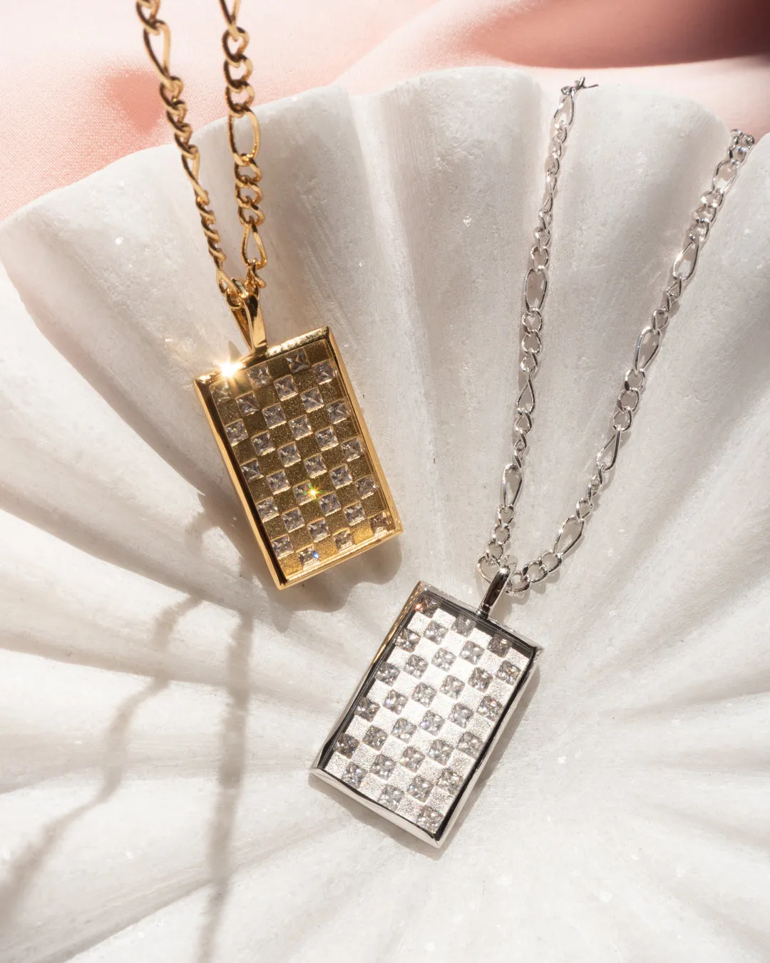 Checkerboard Dog Tag Necklace- Silver