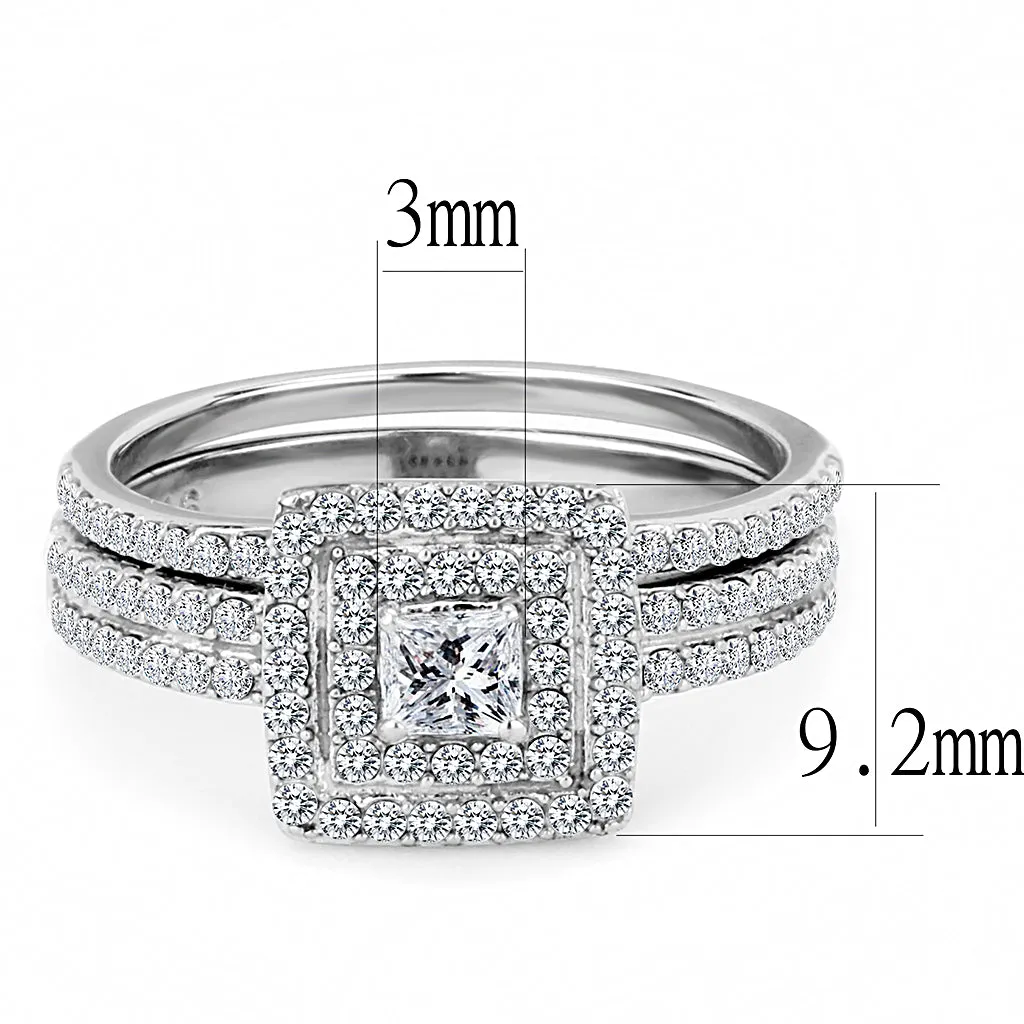 CJ064 Wholesale Women's Stainless Steel AAA Grade Cubic Zirconia Clear Square Cut Engagement Ring Set