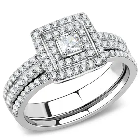 CJ064 Wholesale Women's Stainless Steel AAA Grade Cubic Zirconia Clear Square Cut Engagement Ring Set