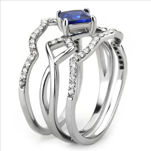 CJ272 Wholesale Women's Stainless Steel Spinel London Blue Wedding Ring Stackable Set