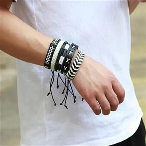 Classy Men White & Black Leather Bracelet Set