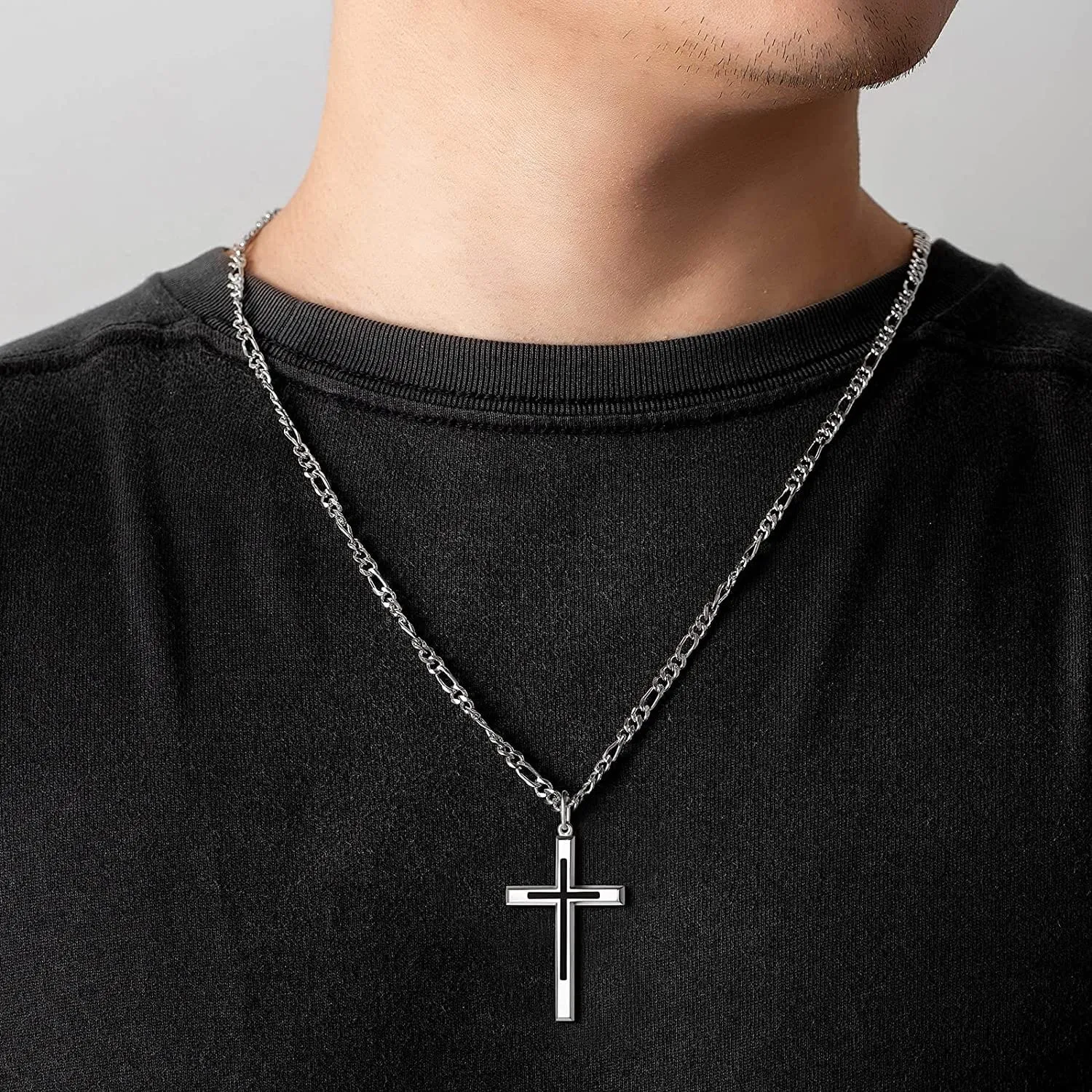 FANCIME Black Highlight Cross Sterling Silver Mens Necklace