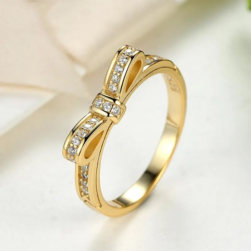 Fashion Authentic 100% 925 Sterling Silver Bow Knot Stackable Ring Micro Pave CZ Rose Plated Women Wedding Jewelry