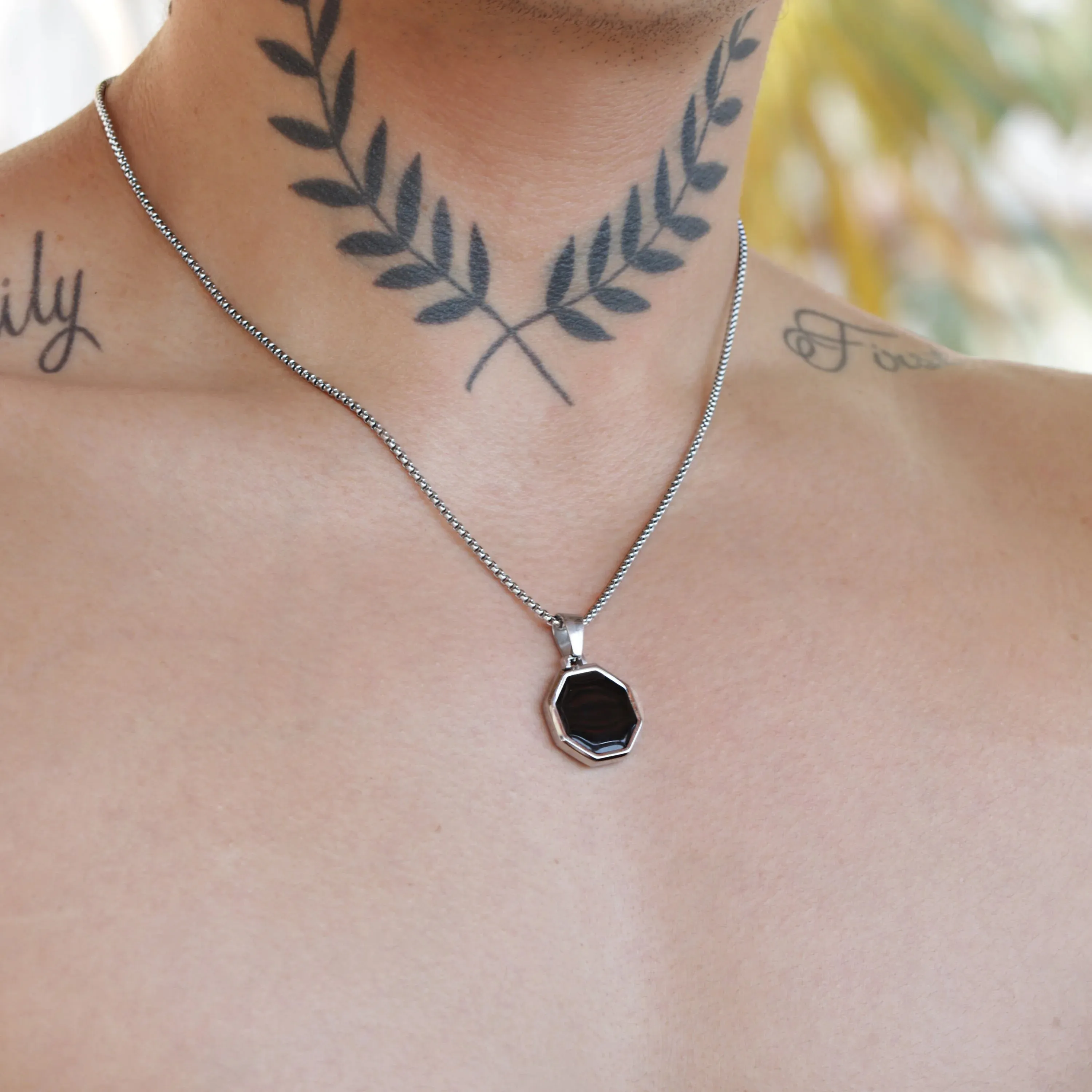 Hernando Stainless Steel Chain with Geometric Black Enamel Pendant