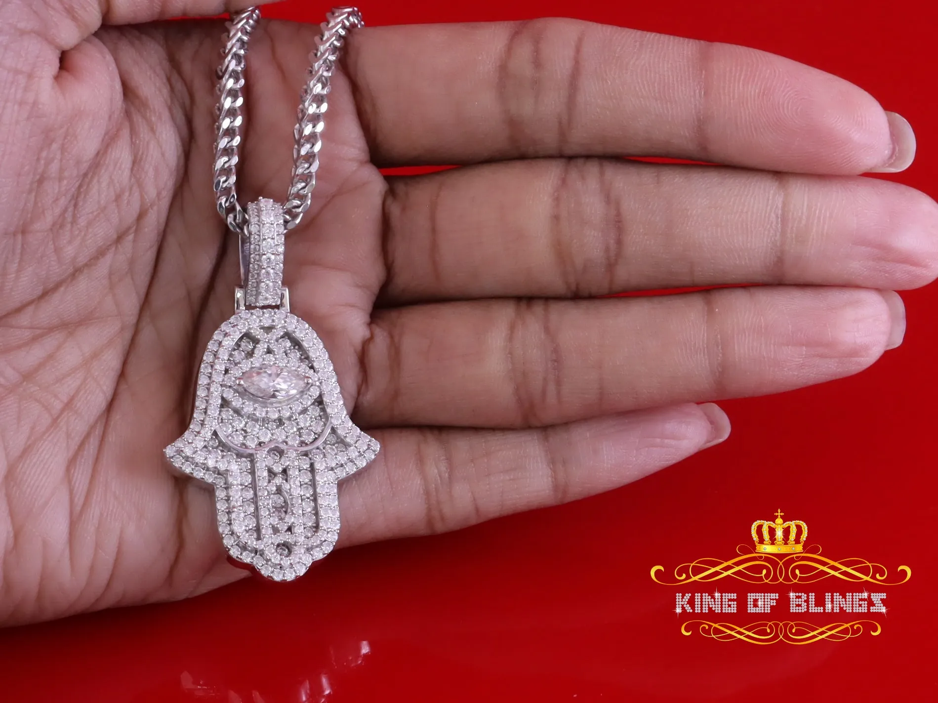 King Of Bling's 3.00ct Moissanite VVS D Baguette 925 Silver Yellow Hamsa Pendant For Women's