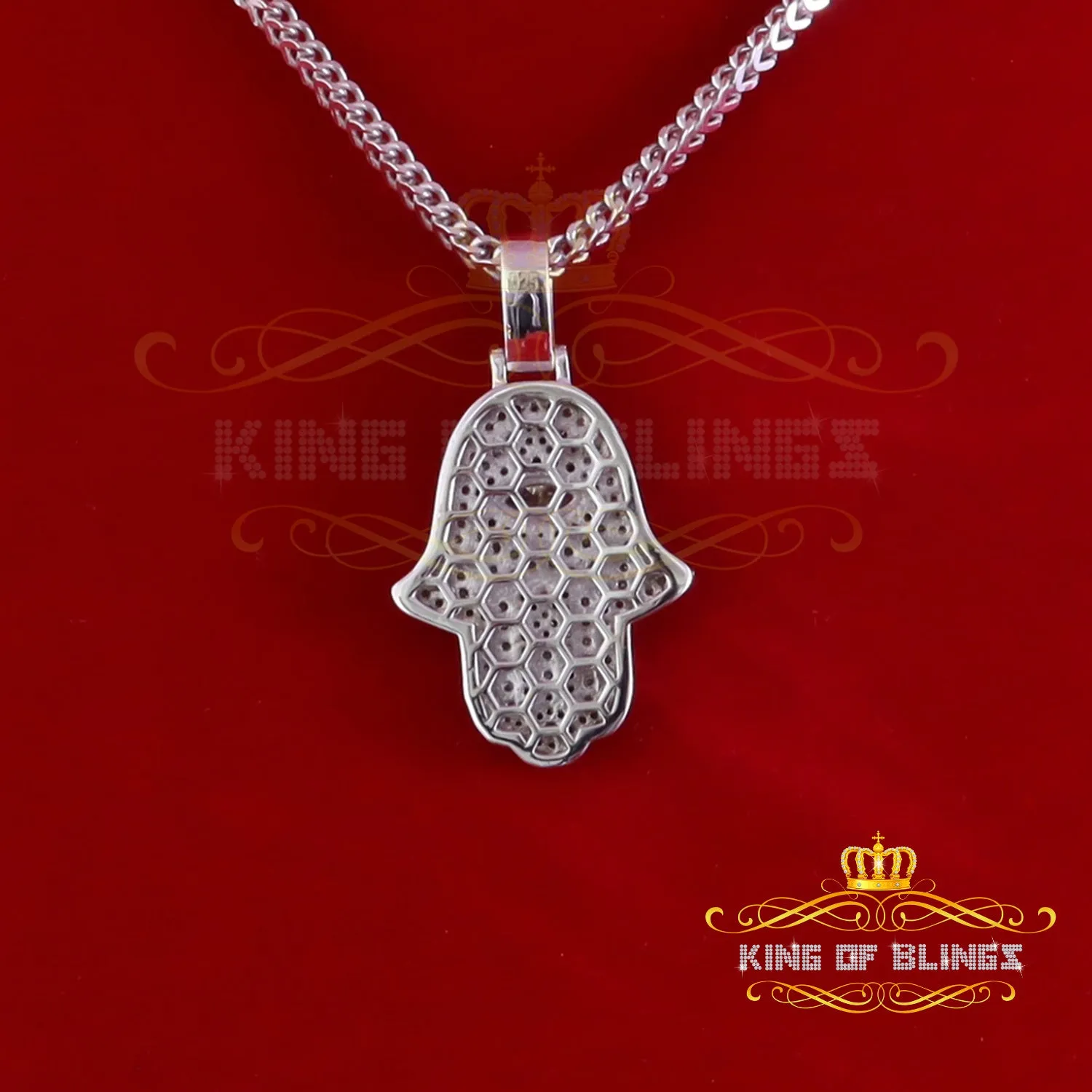 King Of Bling's 3.00ct Moissanite VVS D Baguette 925 Silver Yellow Hamsa Pendant For Women's