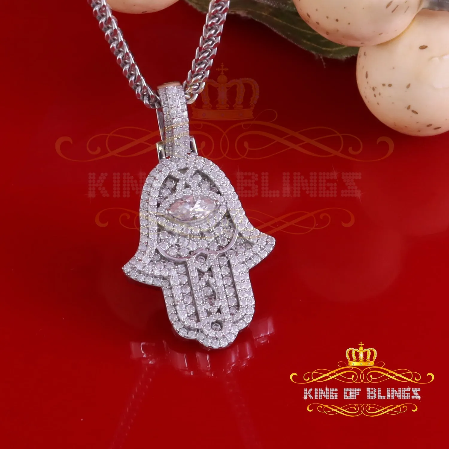 King Of Bling's 3.00ct Moissanite VVS D Baguette 925 Silver Yellow Hamsa Pendant For Women's