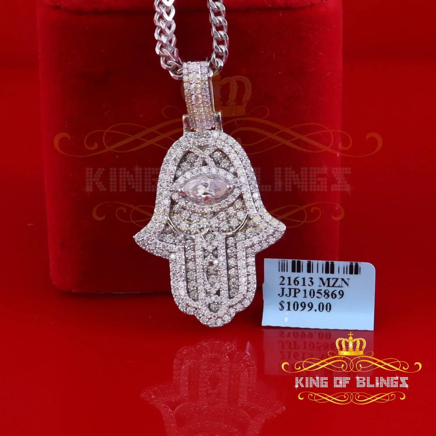 King Of Bling's 3.00ct Moissanite VVS D Baguette 925 Silver Yellow Hamsa Pendant For Women's