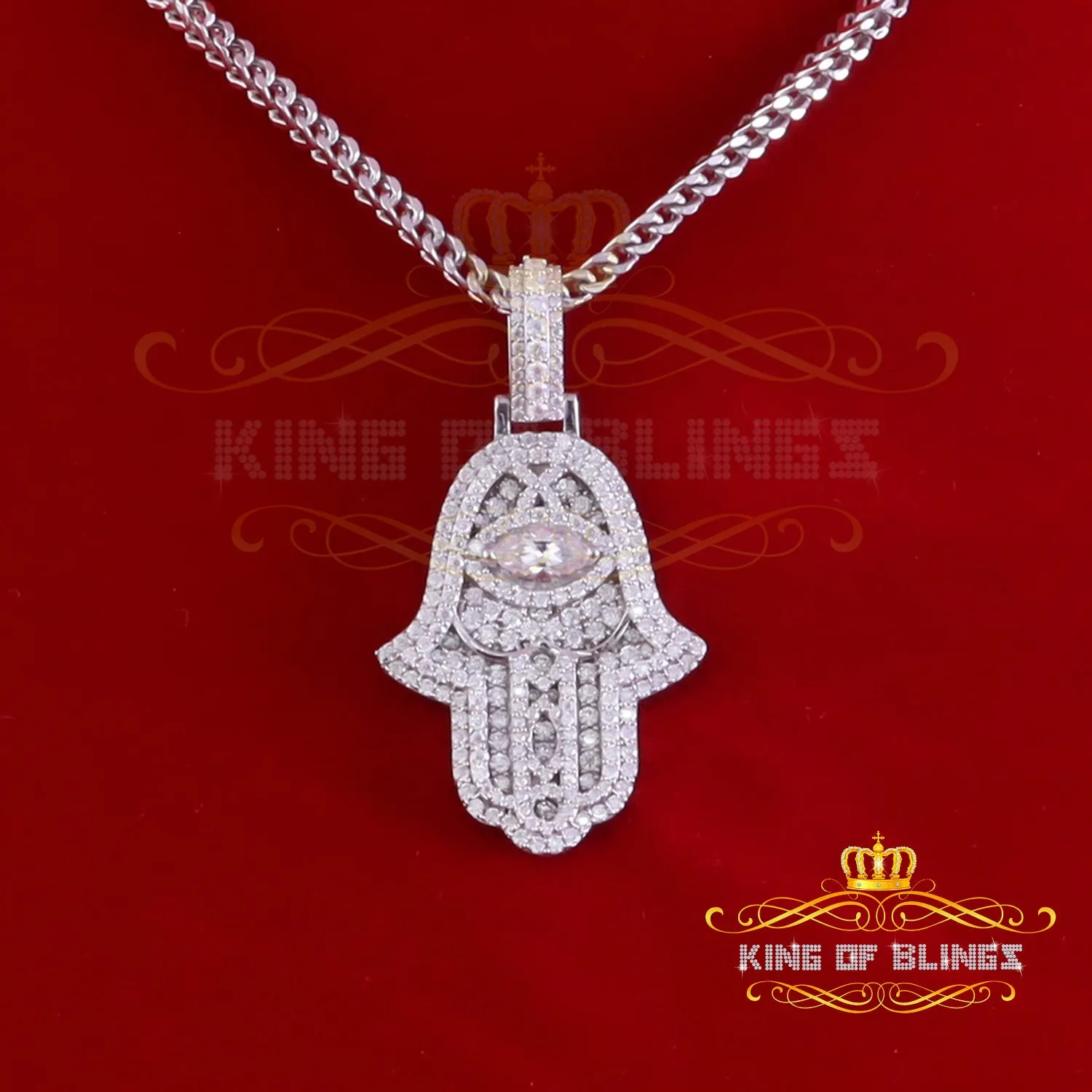 King Of Bling's 3.00ct Moissanite VVS D Baguette 925 Silver Yellow Hamsa Pendant For Women's