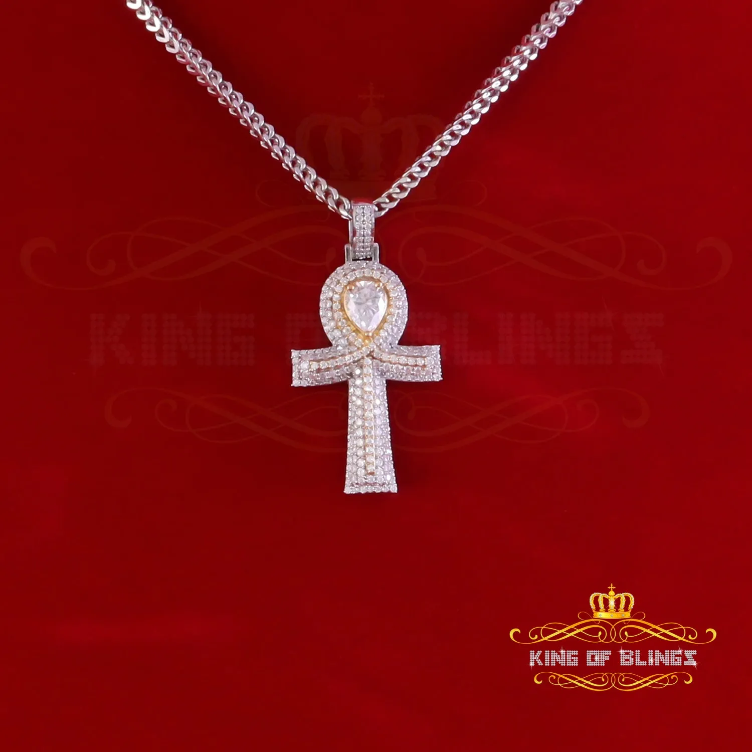 King Of Bling's 4.00ct VVS D Silver Moissanite Pear Shape Stone White Charm Ankh Men's Pendant