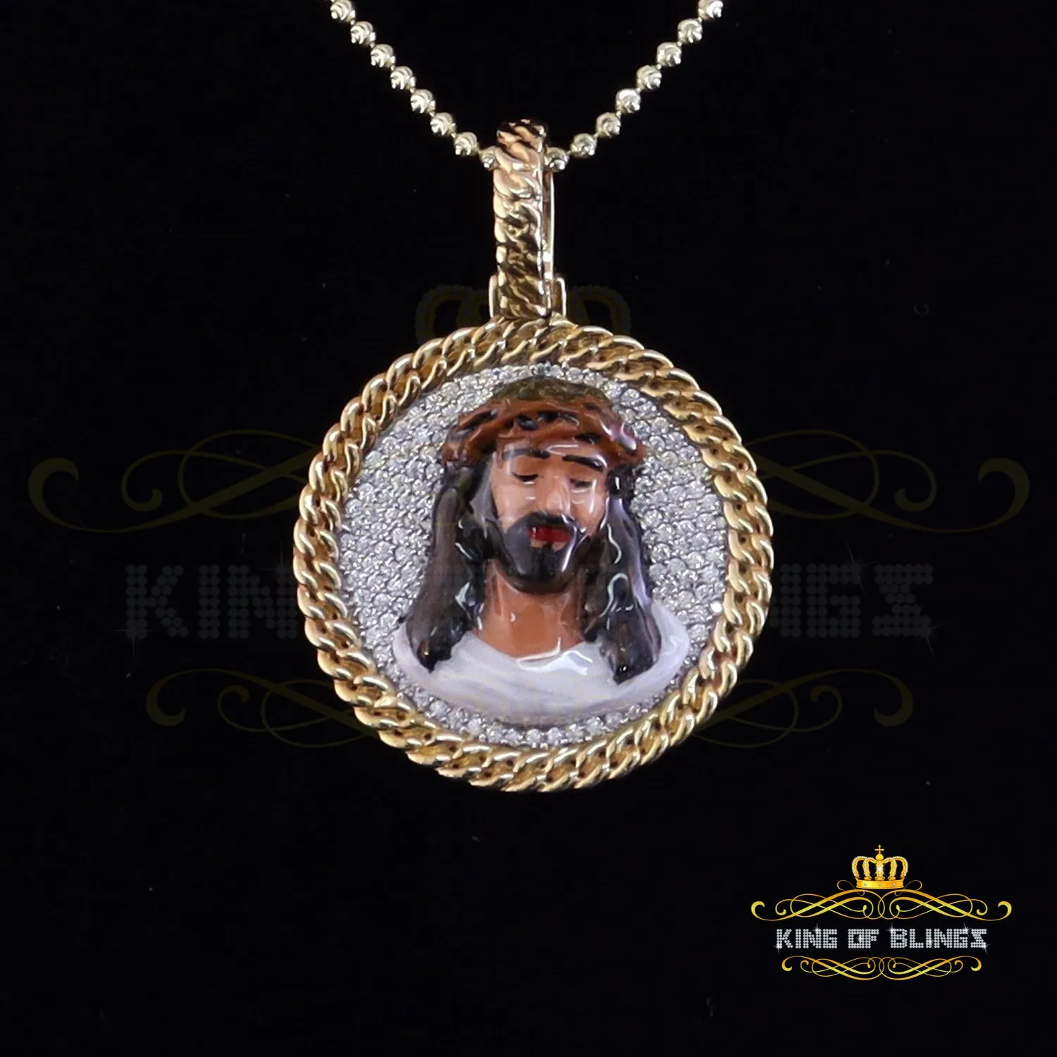 King Of Bling's Jesus 925 Silver 2.00ct W/Crushed Moissanite "1.50" Yellow Jesus Charm Pendant