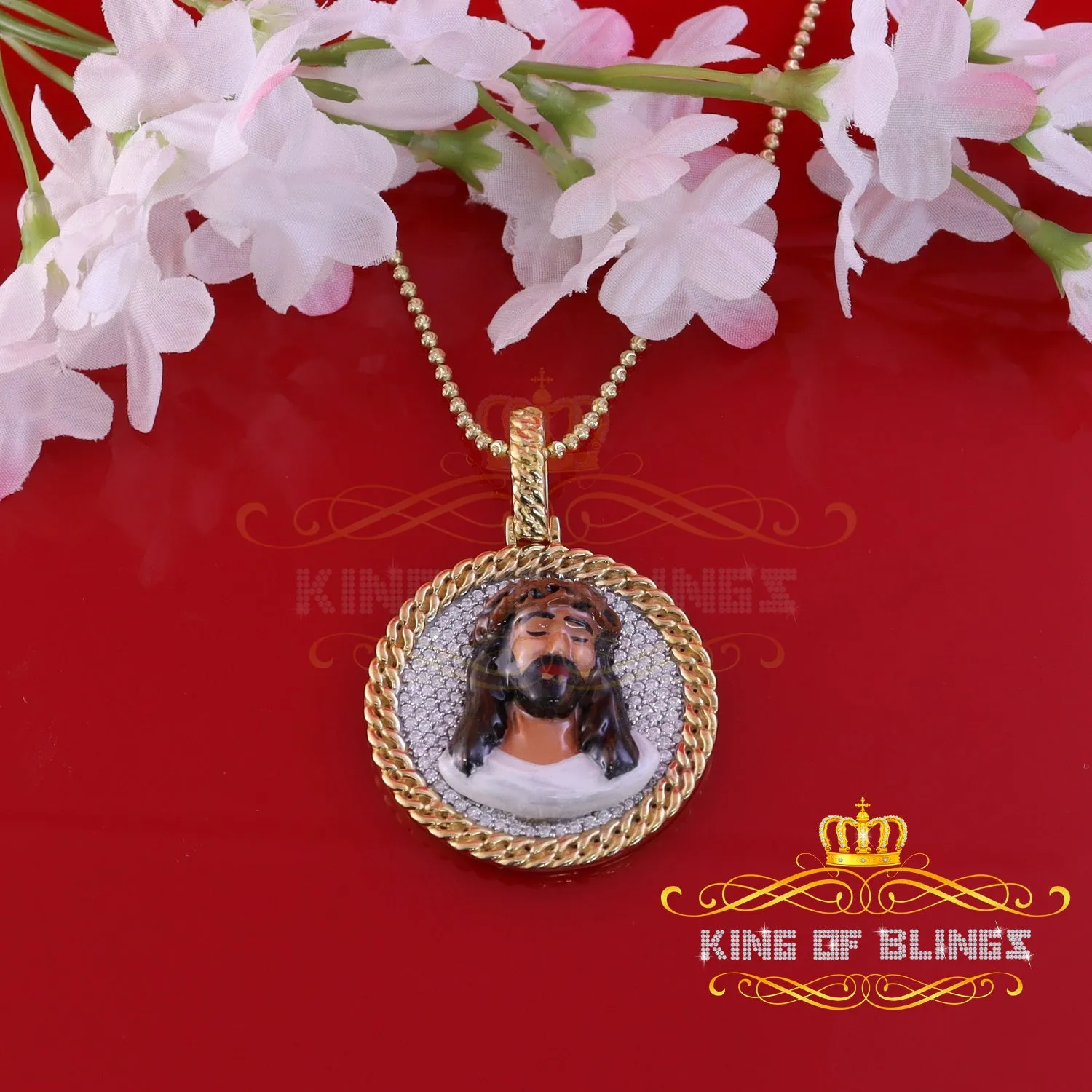 King Of Bling's Jesus 925 Silver 2.00ct W/Crushed Moissanite "1.50" Yellow Jesus Charm Pendant