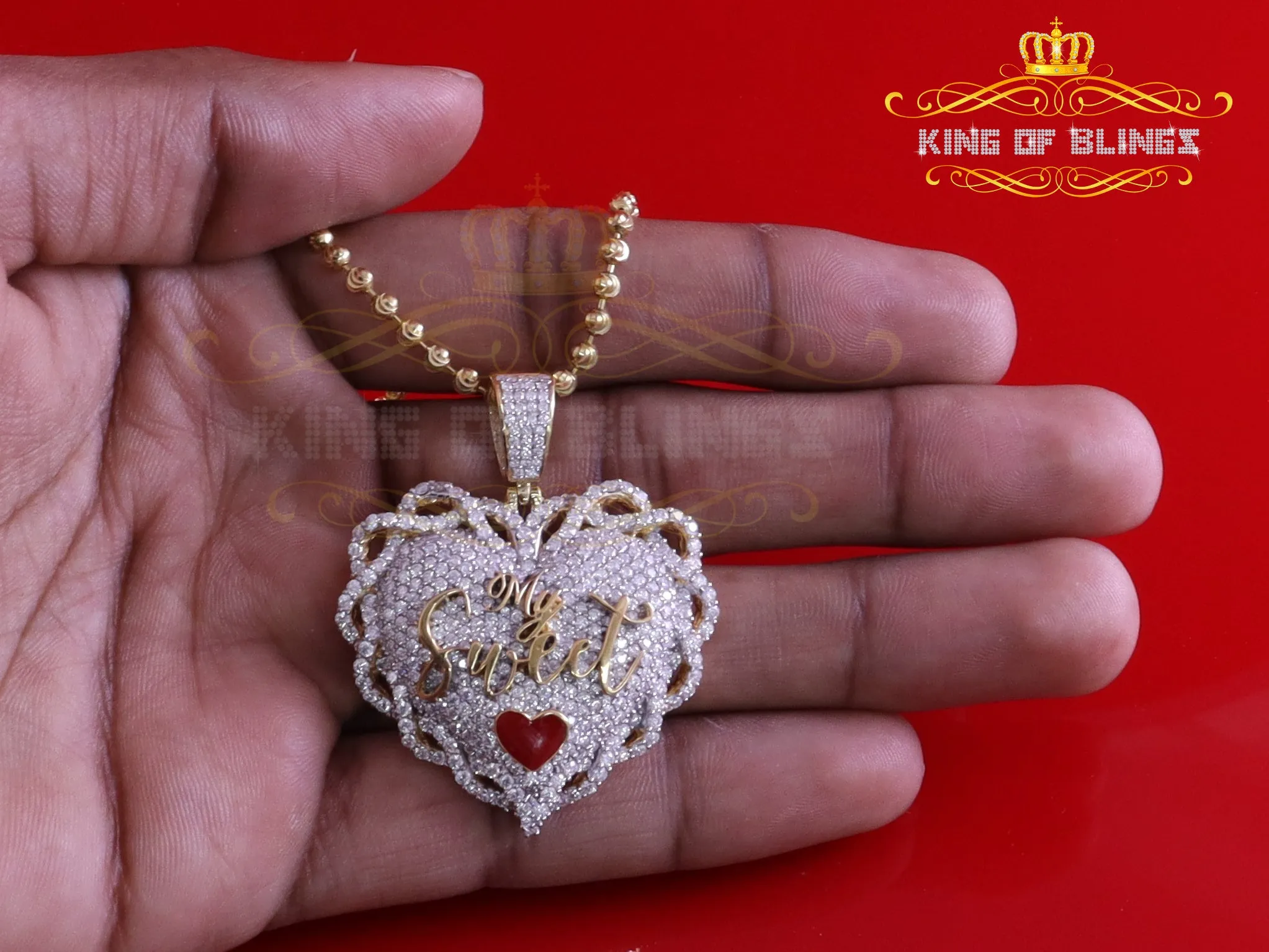 King Of Bling's Love "SWEET HEART"1.50 inch 6ct Real Moissanite 925 Silver Yellow Heart Pendant