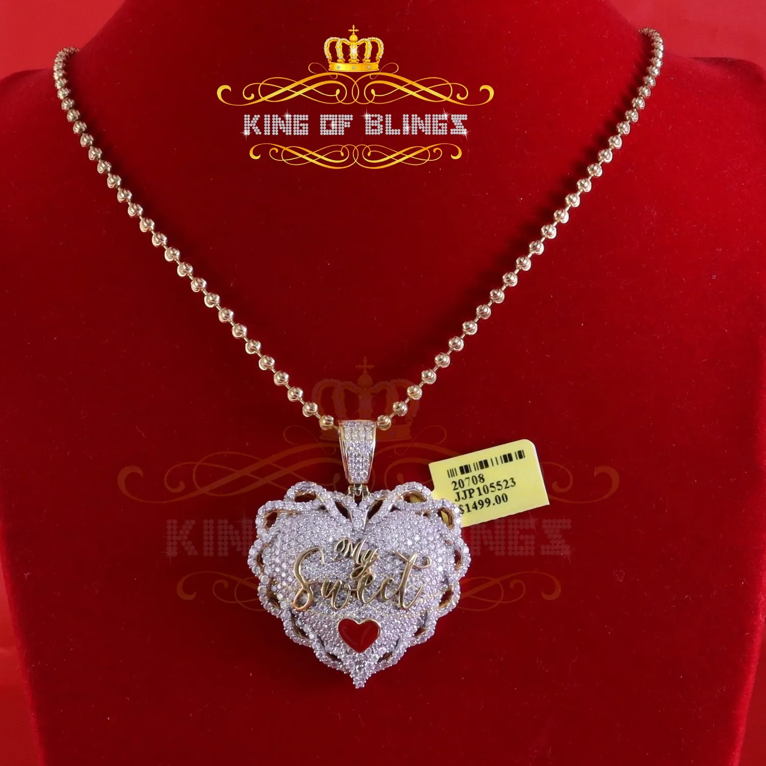 King Of Bling's Love "SWEET HEART"1.50 inch 6ct Real Moissanite 925 Silver Yellow Heart Pendant