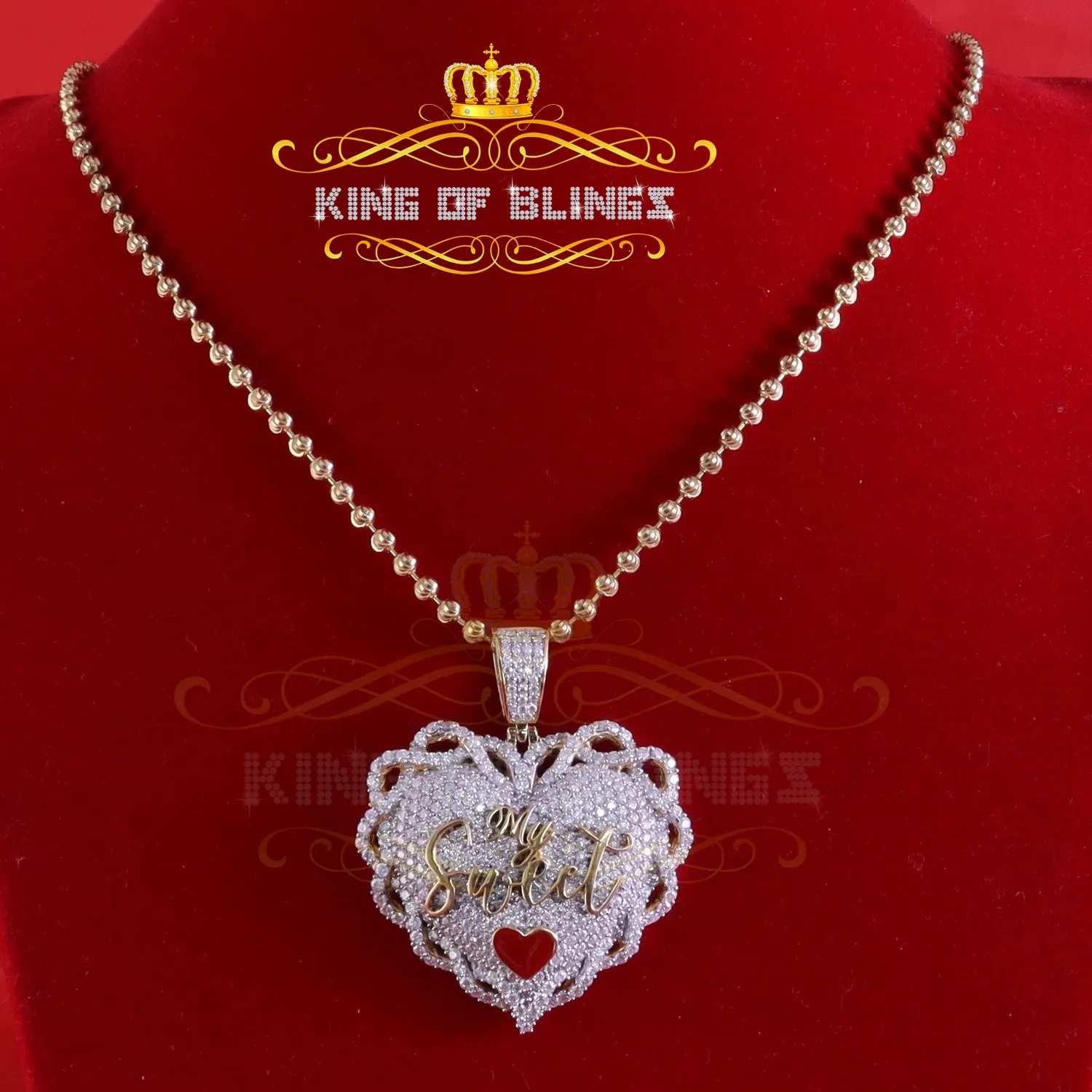 King Of Bling's Love "SWEET HEART"1.50 inch 6ct Real Moissanite 925 Silver Yellow Heart Pendant