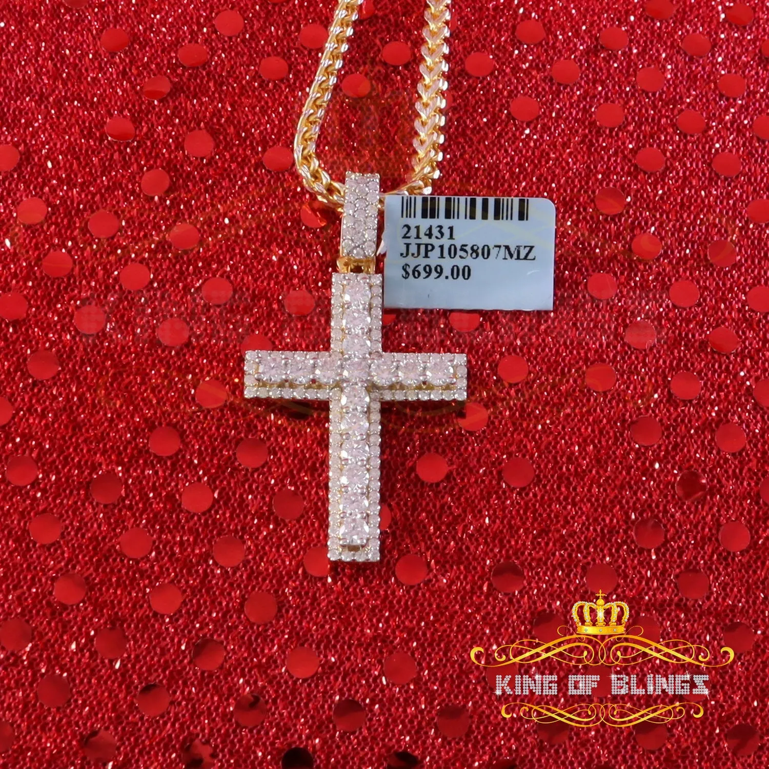 King Of Bling's Men's New Charm Cross Pendant 925 Yellow Silver Moissanite 2.50ct VVS D Clr