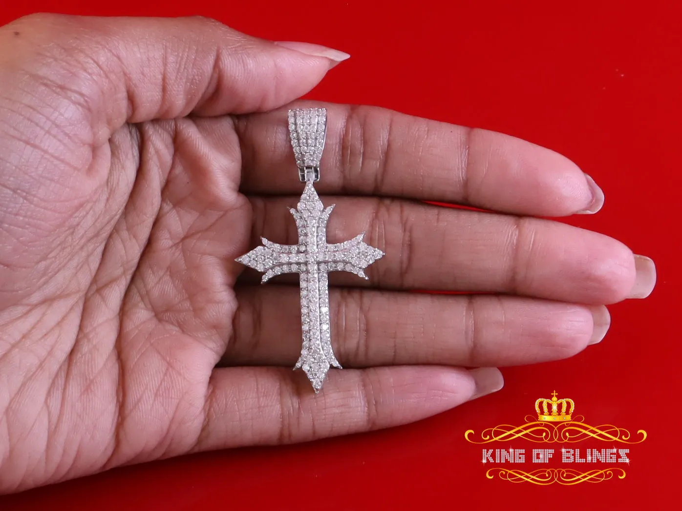 King Of Bling's Shiny 2.0ct VVS D Moissanite White Silver Charm Cross Pendant Men's & Women's