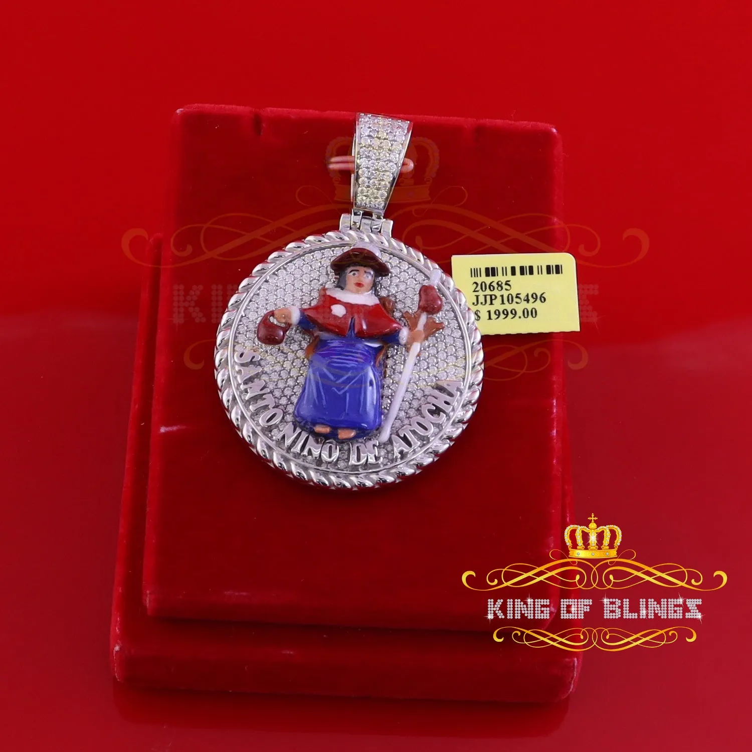 King Of Bling's Sterling Silver White "SANTO NINO DEATOCHA" Pendant with 3ct Genuine Moissanite