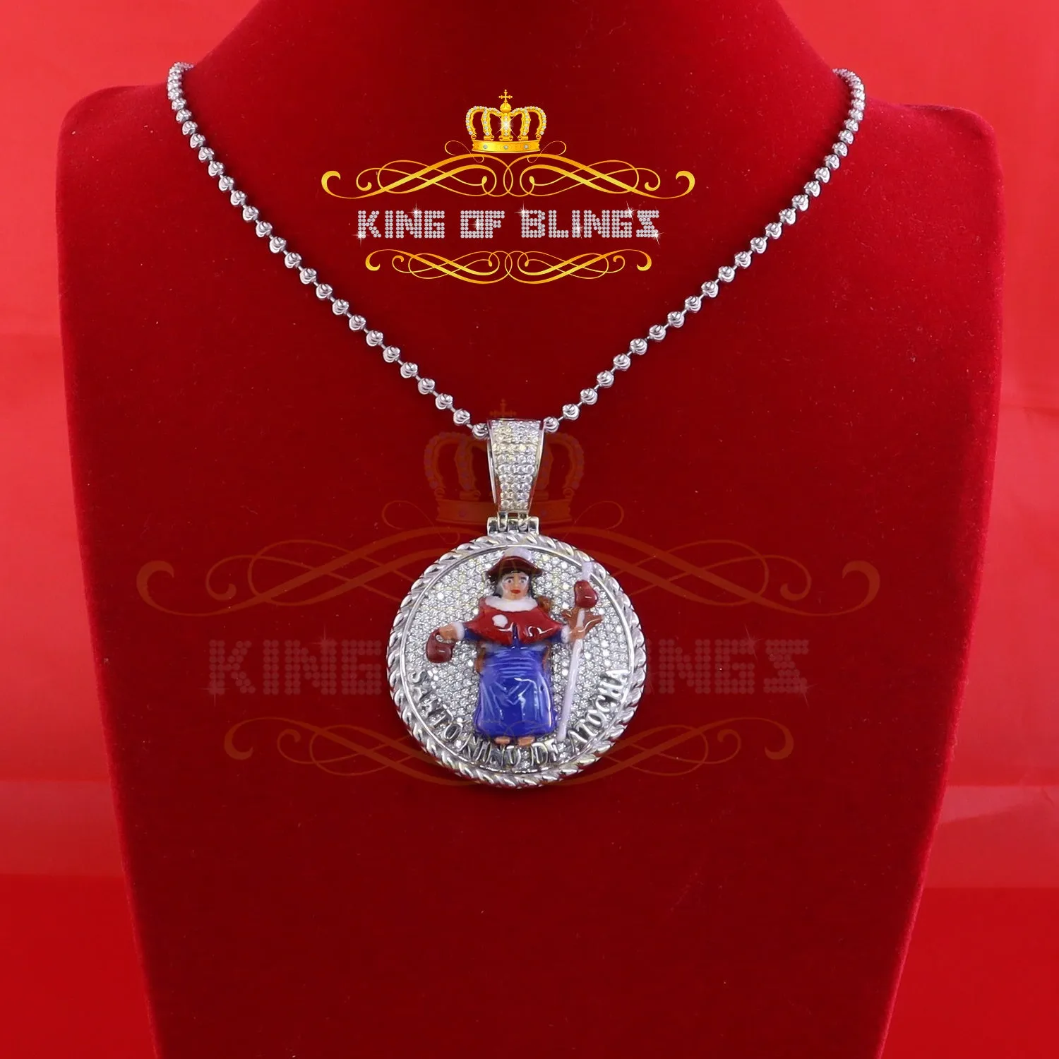 King Of Bling's Sterling Silver White "SANTO NINO DEATOCHA" Pendant with 3ct Genuine Moissanite