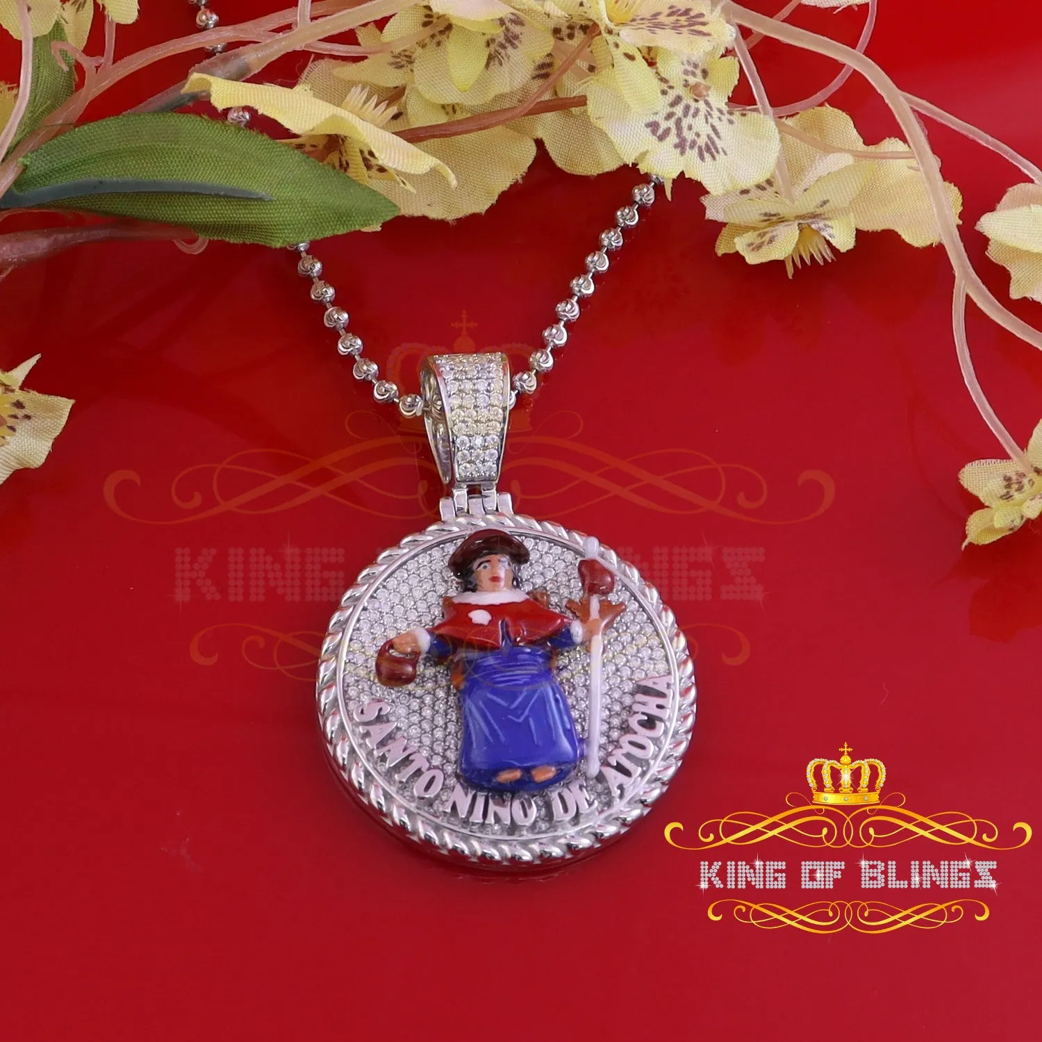 King Of Bling's Sterling Silver White "SANTO NINO DEATOCHA" Pendant with 3ct Genuine Moissanite