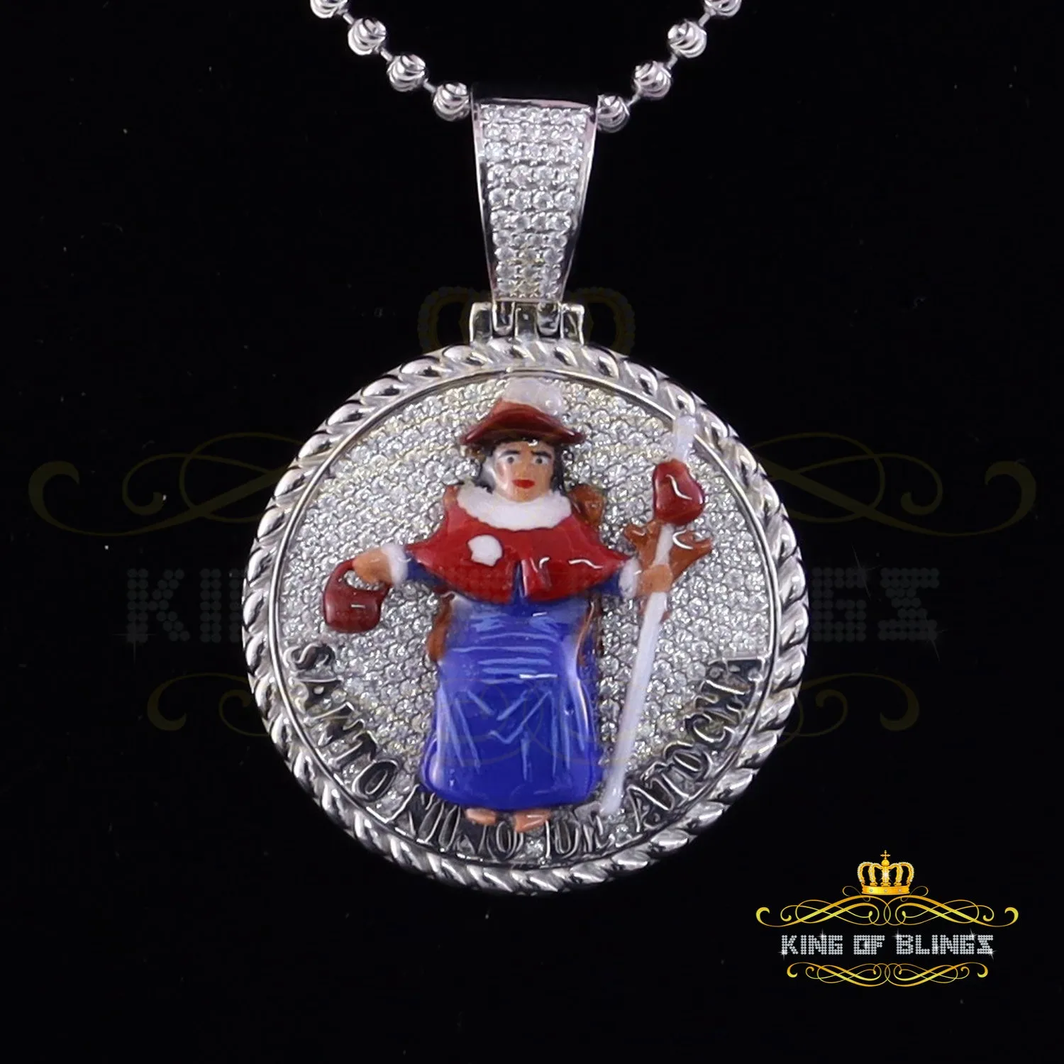 King Of Bling's Sterling Silver White "SANTO NINO DEATOCHA" Pendant with 3ct Genuine Moissanite