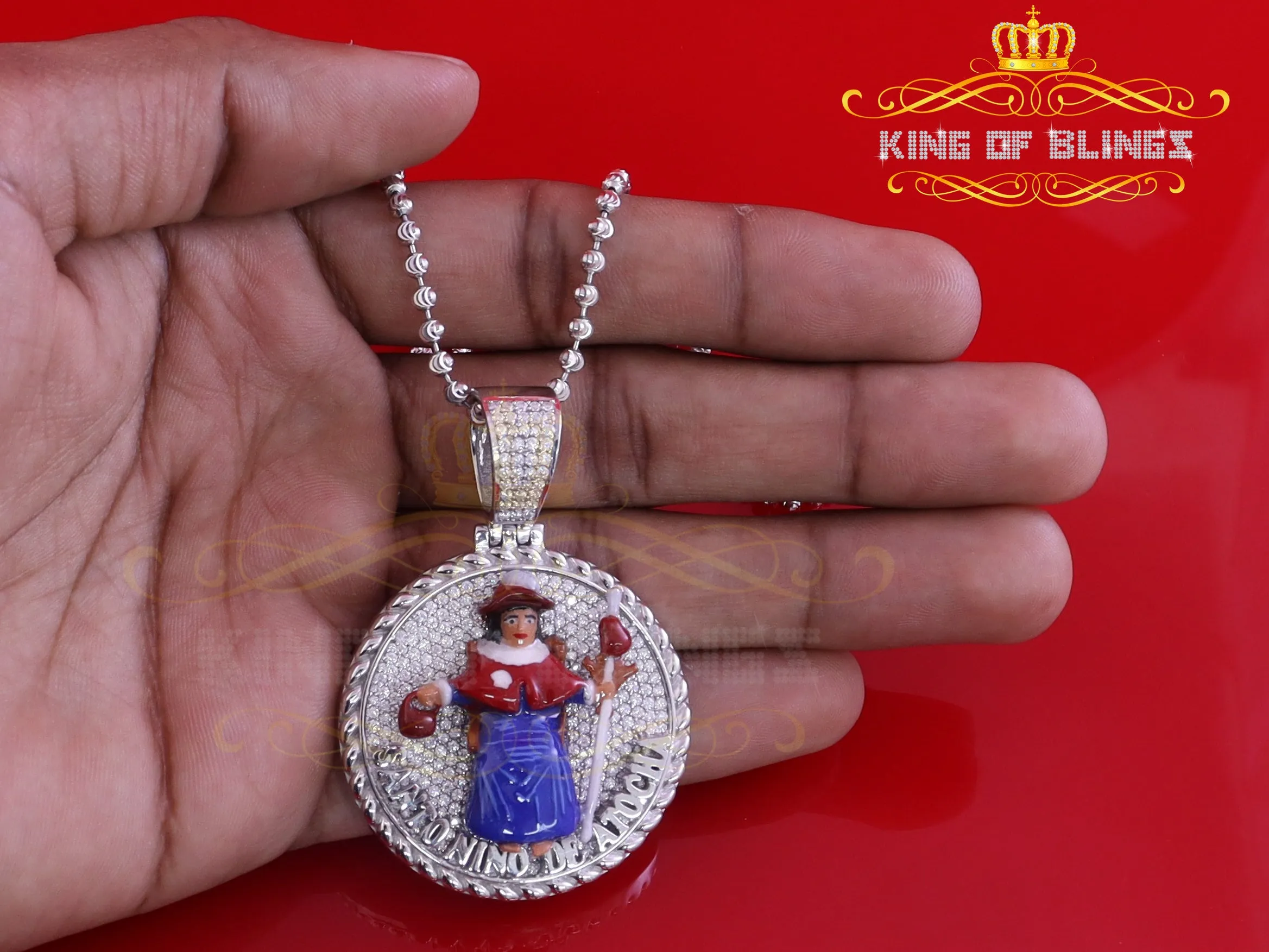 King Of Bling's Sterling Silver White "SANTO NINO DEATOCHA" Pendant with 3ct Genuine Moissanite