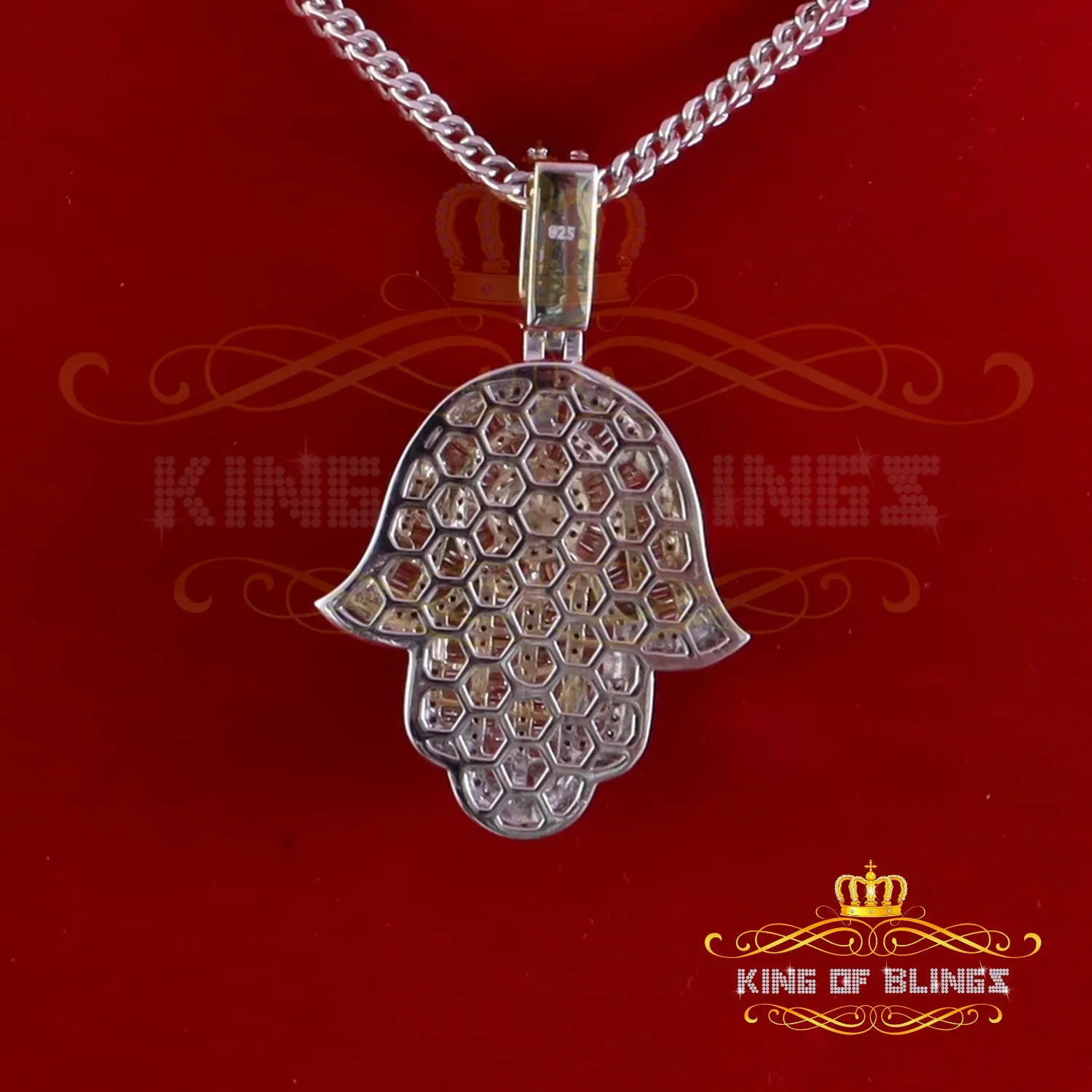 King Of Bling's White Sterling Silver Charm Hamsa Pendant 8.0ct VVS D Moissanite Men's & Women's