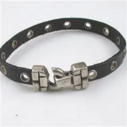 Man's Black Leather Bracelet  Eyelet Flat Leather