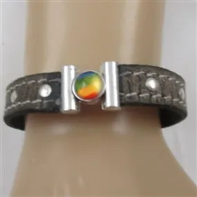 Man's Boho Brown Leather Bracelet with Rainbow Inlaid Clasp