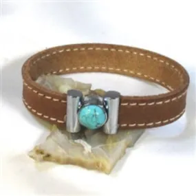 Man's Natural Leather Bracelet with Turquoise Inlaid Clasp