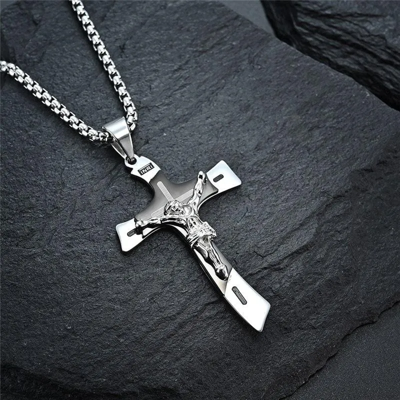 Men's Christian Necklace <br> Double Tone Crucifix