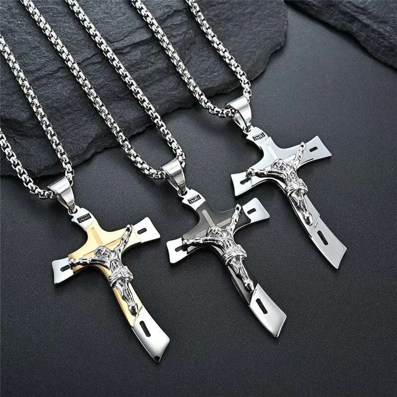 Men's Christian Necklace <br> Double Tone Crucifix