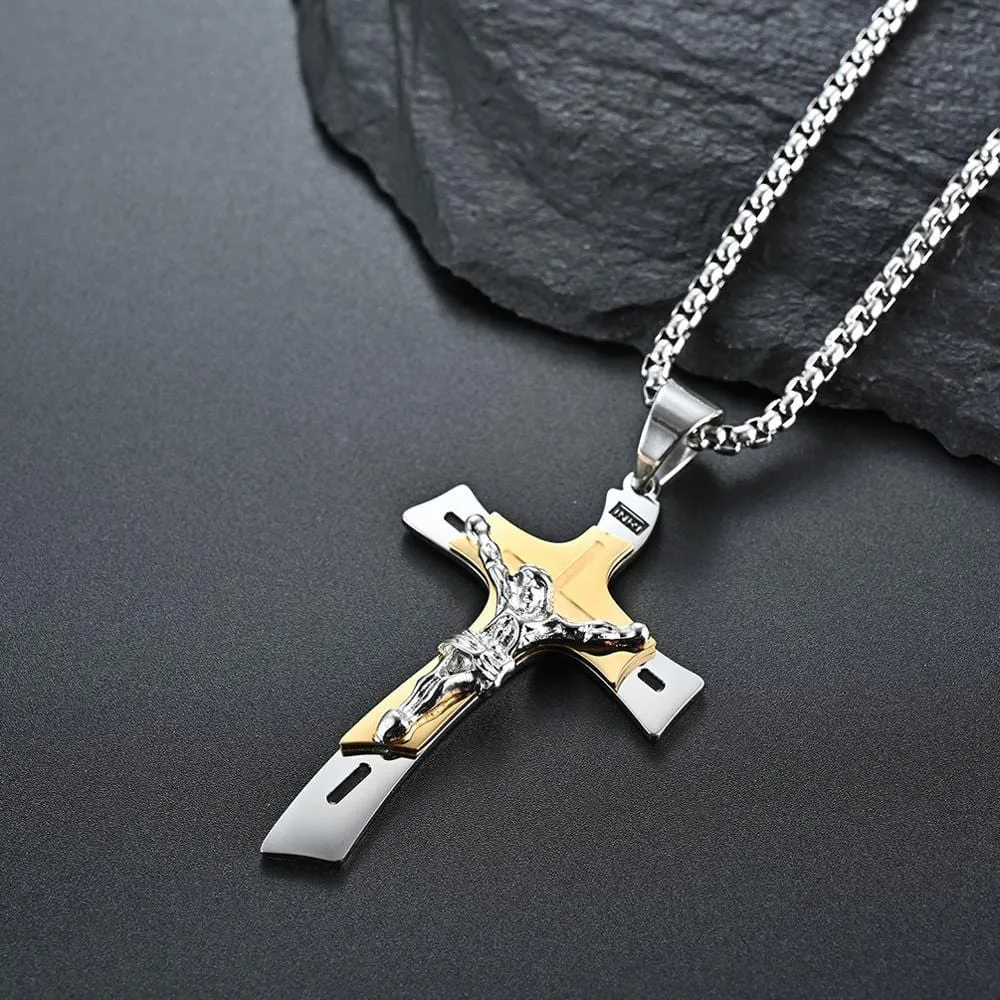 Men's Christian Necklace <br> Double Tone Crucifix